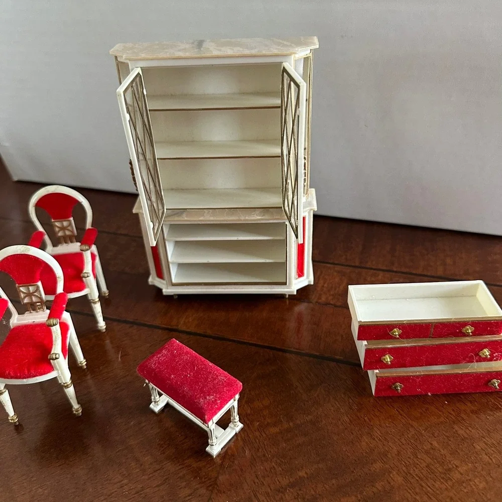 Vintage Miniature Dollhouse Furniture Set Red Velvet White Gold Hutch Chairs 4pc